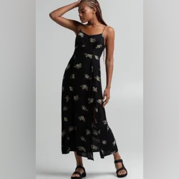 Oysho Floral Printed Sleeveless Button Front Knee Length Dress Black Small Y2K - Picture 1 of 8